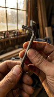 Craftsman hands holding metal hex key tool in traditional woodworking workshop with warm natural lighting and vintage atmosphere for repair projects.