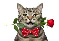 Tabby cat with green eyes wearing red polka dot bow tie, holding red rose stem in mouth against white background. Romantic, humorous pet portrait for greeting cards, valentines, love themes.