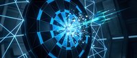 Futuristic digital tunnel with glowing blue geometric patterns and light rays creating sci-fi technology corridor for cyber concepts and virtual reality designs.
