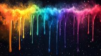 Vibrant rainbow paint drips against dark background with glowing sparkles and cosmic effects create dramatic melting color spectrum with flowing liquid texture.