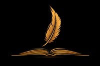 Golden feather quill floating over open book on black background, minimalist literary concept illustration for publishing, writing, and storytelling designs.