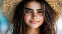 Young woman with freckles wearing straw hat smiling at camera. Summer portrait of brunette female with natural makeup and sun-kissed skin for lifestyle content.
