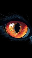 Close-up of a fierce orange cat eye with detailed fur texture and glowing amber iris against dark background, dramatic lighting creates mysterious atmosphere.