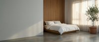 Minimalist bedroom interior with wooden headboard, white bedding, polished concrete flooring, and natural light from sheer curtains, suitable for modern home design and interior decoration projects.