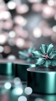 Metallic turquoise poinsettia flower with pink berries on round platform against blurred bokeh background in silver and pink tones. Elegant holiday composition.