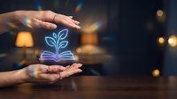 Hands protecting glowing plant sprout hologram symbolizing growth, sustainability, environmental care and business development concept.