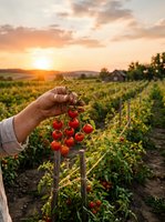 Farmer hand holding fresh ripe cherry tomatoes at sunset in organic vegetable garden with golden light illuminating rural countryside landscape.