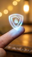Glowing security shield with padlock icon held on fingertip against warm bokeh background, representing data protection and cybersecurity solutions for digital safety applications.