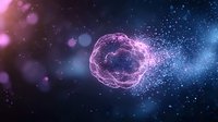 Glowing pink and blue cosmic sphere with particle effects and light bokeh in dark space background, abstract futuristic design element for technology concepts.