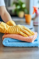 Hand in yellow rubber glove wiping wooden surface with stacked blue and coral microfiber cleaning cloths, housekeeping and home maintenance concept.