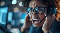 Young African American female customer service representative with curly hair and glasses showing frustrated expression while working at night in call center office.