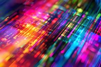Vibrant multicolored light streaks create dynamic motion blur effect with neon pink, blue, and yellow glowing lines against dark background, abstract technology concept.