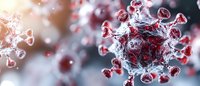 Microscopic view of red virus cell structure with spike proteins floating in blurred background, scientific medical research visualization for healthcare and biology.