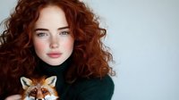 Young redhead woman with curly hair wearing green sweater holding cute fox, portrait on white background for lifestyle and nature photography projects.