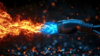 Electric power plug with fire and blue energy flames colliding in dramatic dark background with glowing particles and sparks creating powerful energy concept.