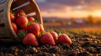 Fresh ripe strawberries spilling from wicker basket on fertile soil during golden hour sunset, organic farm harvest concept for healthy eating and agriculture.