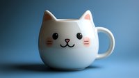 Cute white cat mug with smiling face and rosy cheeks, isolated on blue background. Perfect for kitchenware, drinkware, and merchandise design projects.