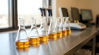 Laboratory glassware with amber liquid samples arranged on modern lab bench for scientific research and chemical analysis testing procedures.