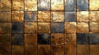 Metallic copper and bronze square tiles with weathered patina texture creating luxurious mosaic pattern. Rich golden and dark tones for elegant interior design.