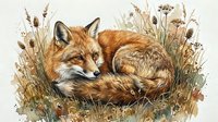 Red fox resting in autumn grass with dried wildflowers and seed heads in watercolor style illustration isolated on white background for nature designs.