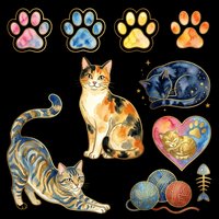 Watercolor cat clipart collection featuring tabby and calico cats, paw prints in pink blue yellow and orange, sleeping cat, heart with paw, yarn balls and fish bone. Isolated on transparent background, ready for t-shirts, stickers, sublimation and print-on-demand designs.