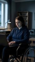 Young woman with long dark hair and Caucasian ethnicity, wearing navy hoodie, seated in wheelchair at desk working on laptop in modern home office with natural window light and wooden shelving.