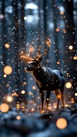 Magical reindeer in snowy winter forest with glowing antlers and golden bokeh lights creating enchanting atmosphere during snowfall. Perfect for seasonal designs.