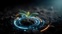 Young green seedling sprouting from soil with futuristic glowing blue circular interface, symbolizing agricultural technology and sustainable farming.