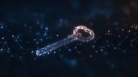 Digital key formed by glowing particles with bokeh light effects on dark background, representing cybersecurity and digital access technology.