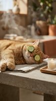 Orange tabby cat relaxing with cucumber slices on eyes during spa treatment session. Pet wellness and self-care concept for stress relief and relaxation.