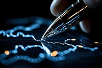 Fountain pen nib writing on financial chart with dramatic lighting, stock market graph analysis showing trading data and price movements in blue tones.