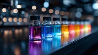 Colorful liquid samples in glass bottles arranged in rainbow spectrum order on dark surface with bokeh background lights creating scientific laboratory atmosphere.