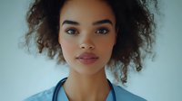 Close up portrait of young African American female medical professional in blue scrubs with natural curly hair against light background. For healthcare campaigns.
