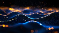 Glowing blue waves with golden particles and bokeh lights on dark background create dynamic flowing motion effect for technology and science designs.