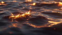 Glowing embers float on dark rippling water surface creating magical atmosphere with golden light reflections and burning sparks at sunset.