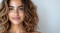 Young Mediterranean woman with natural wavy brown ombre hair and glowing skin smiling warmly against light gray background, showcasing modern beauty and confidence.