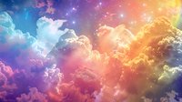 Vibrant multicolored clouds with stars in dreamy sky featuring pink, purple, blue and golden hues create magical celestial atmosphere for fantasy backgrounds.