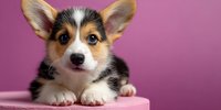 Adorable tricolor Pembroke Welsh Corgi puppy with large ears resting on pink platform against purple background, perfect for pet adoption or animal care.