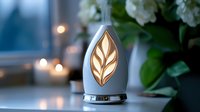 Elegant white aroma diffuser with illuminated leaf pattern glows warmly against blurred candlelit background with green plants, creating serene spa atmosphere.