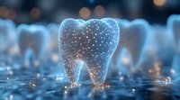 Glowing digital tooth with connected dots forming network pattern on blue background with water reflections and bokeh lights, dental technology concept.