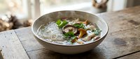 Hearty vegetable soup with fresh herbs served in ceramic bowl on rustic wooden table. Comfort food perfect for restaurants, cafes, and healthy eating concepts.