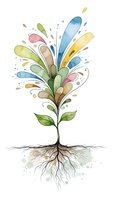 Watercolor tree with colorful splash crown and roots on white background. Abstract nature art with vibrant droplets and organic shapes for creative projects.