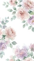 Watercolor floral frame with soft pink and purple peonies, roses and eucalyptus leaves on white background for wedding invitations and feminine designs.