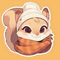 Cute cartoon squirrel wearing winter knit hat and orange plaid scarf on orange background, sticker style artwork with white outline. Isolated design element.