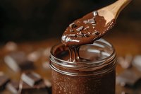 Wooden spoon dripping rich chocolate spread from glass jar with chocolate pieces scattered around on rustic wooden surface for dessert preparation.