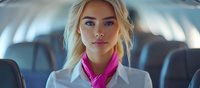 Young blonde flight attendant in white uniform jacket and pink scarf looking directly at camera inside airplane cabin with passenger seats in background.