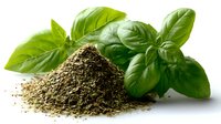 Fresh basil leaves and dried herbs on white background, culinary ingredients for Mediterranean cuisine and seasoning food.
