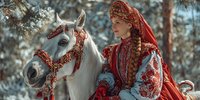 Young woman in traditional Russian folk costume with ornate red headscarf and embroidered dress poses with decorated white horse in winter forest setting.