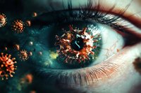 Macro view of human eye with coronavirus cells reflection, depicting viral infection impact on vision and health in dramatic turquoise and orange tones.