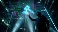 Silhouette of male professional interacting with glowing holographic interface displaying digital data and code in futuristic cyberpunk environment for technology and innovation concepts.